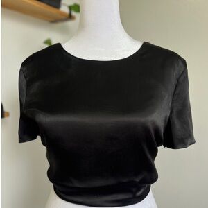 Zara Satin Black Tie Open Back Short Sleeve Crop Top Large